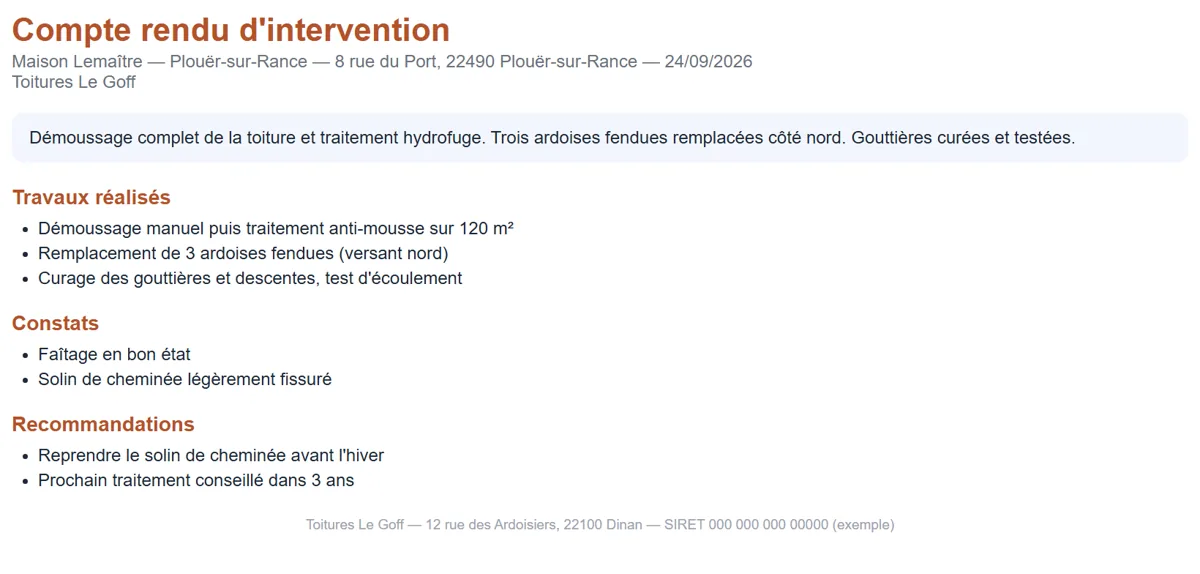 Exemple de compte rendu d'intervention : travaux réalisés, constats et recommandations, rédigé à partir des notes du technicien.