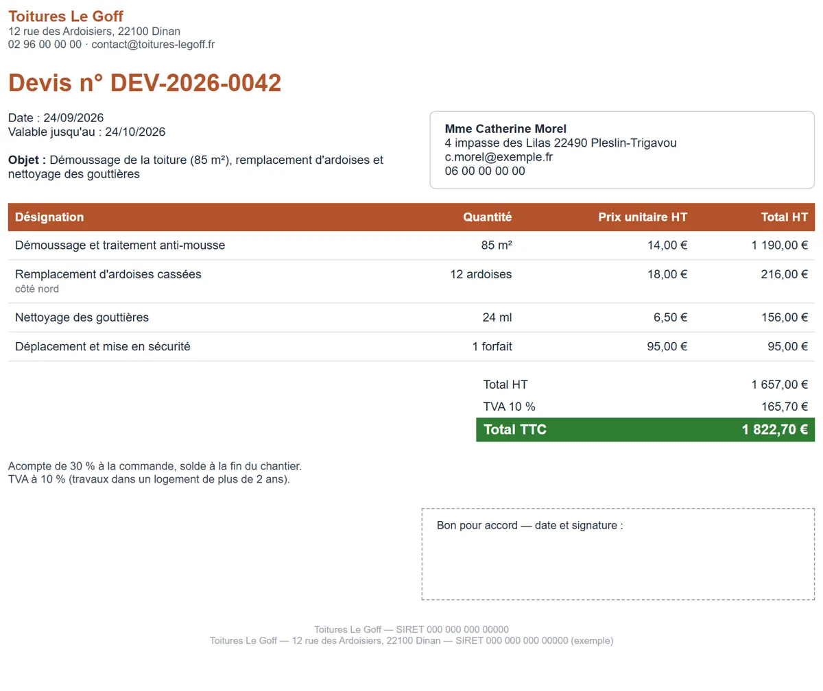 Exemple de devis préparé par un agent pour un couvreur fictif : démoussage de toiture, remplacement d'ardoises et nettoyage des gouttières, total 1 822,70 euros TTC.